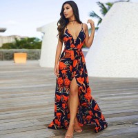 Boho New V-Neck Women Long Maxi Dress Sexy Sleeveless High Waist Print Orange Blue